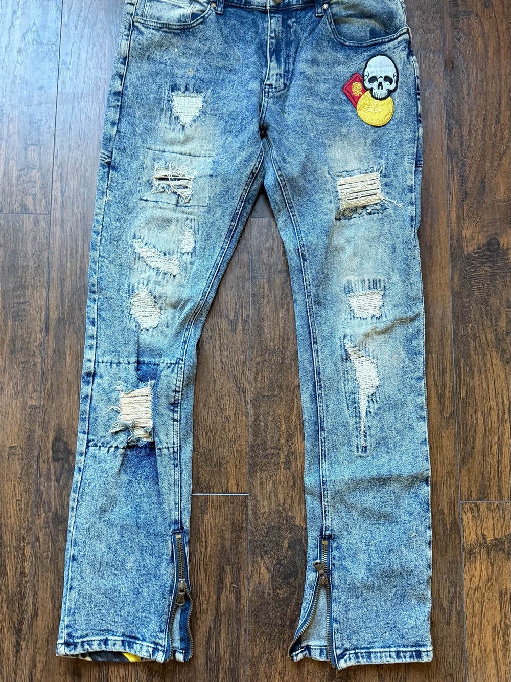Reason Brand Patchwork Embroidery Multi Patched Light Wash Denim Jeans - Size 38